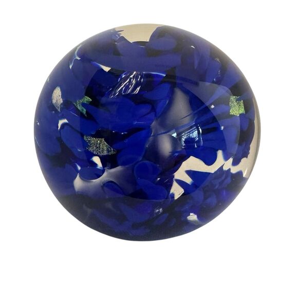 Cobalt Blue Striped Swirl Gold Flaked Glass Paperweight Bubbles - Artist Signed - Picture 1 of 14